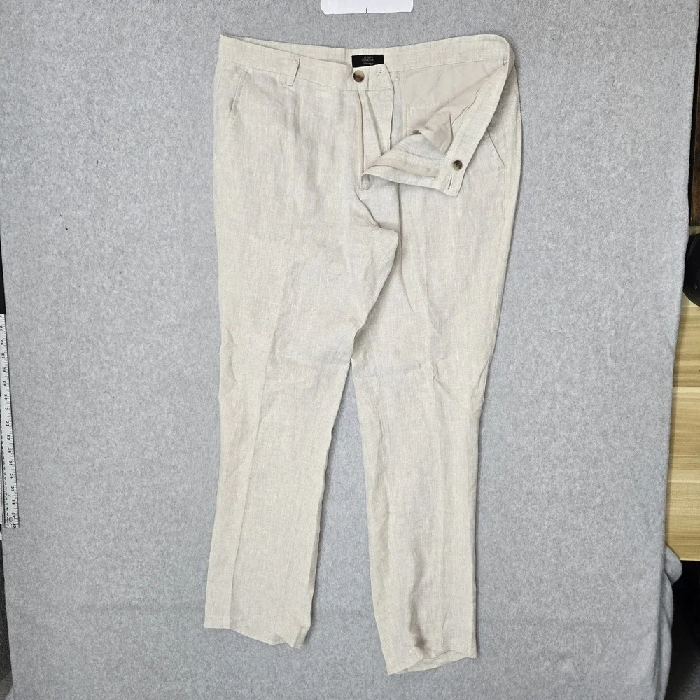 Club Room Men Pants 36W 32L Beige Linen Dress Pants Button 31.5